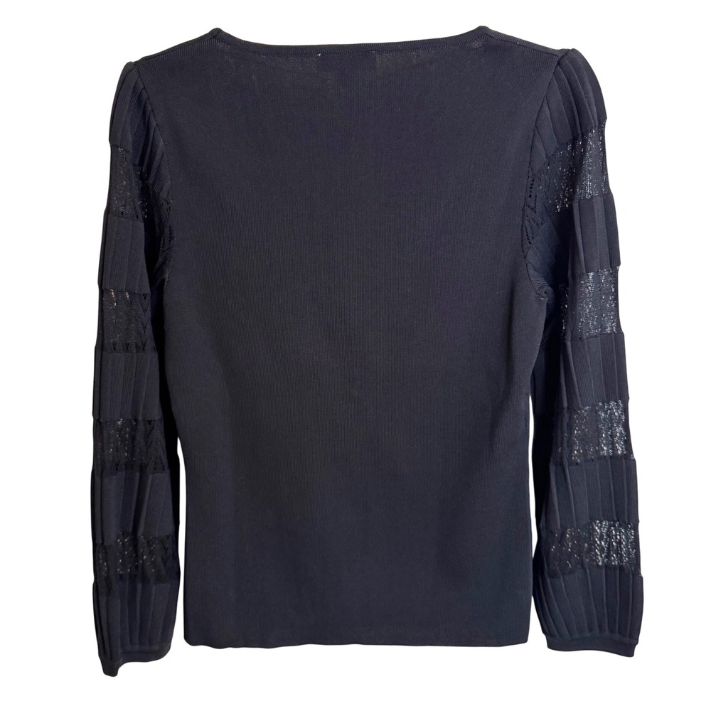Calligraphie Black Ribbed Lace Pointelle Sleeve Scoop Neck Sweater Top Womens M